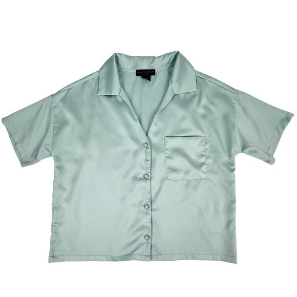 House of Harlow 1960 Women's Satin Pajama Set Seafoam Green Small Pearl Button - Picture 3 of 16